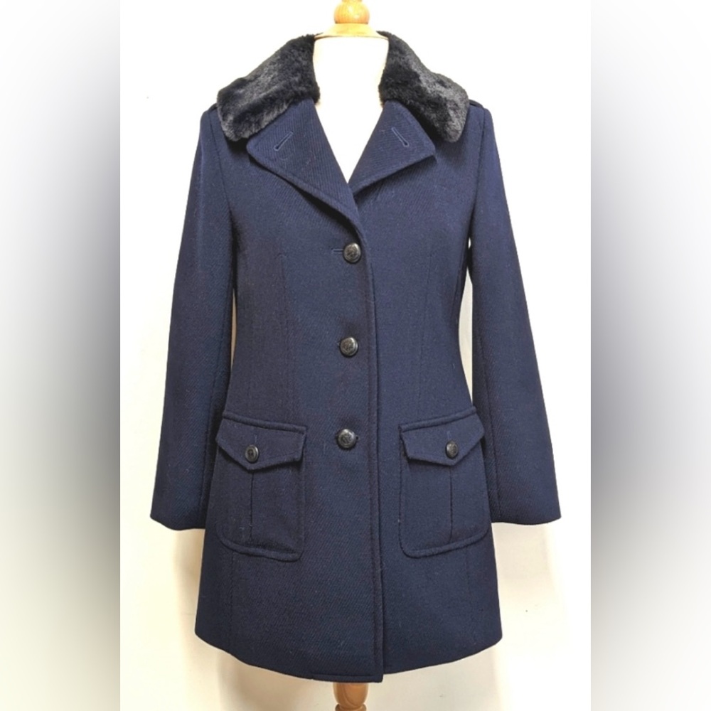 New TALBOTS Petite Pea Coat Jacket Navy Blu Removable Black Faux Fur Collar Wool